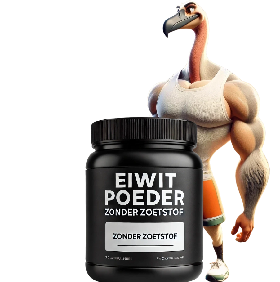 Rogier achter een pot eiwitpoeder zonder zoetstof