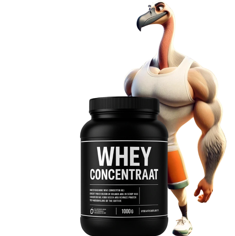 Rogier achter een pot whey concentraat