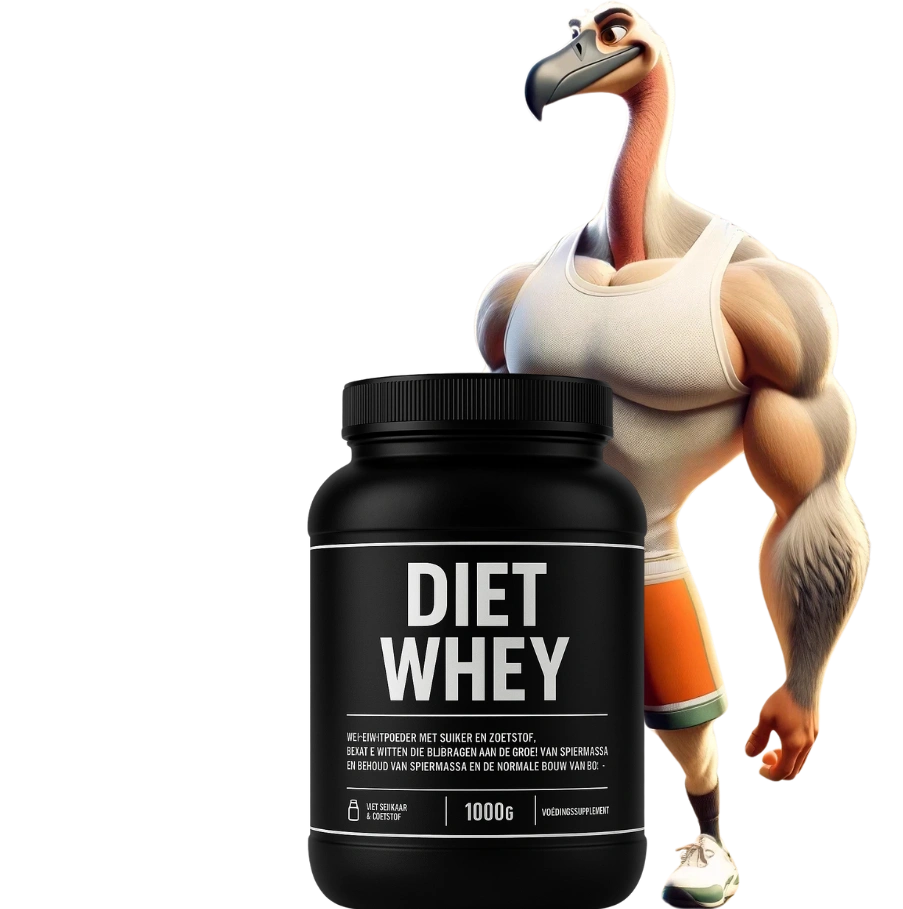 Rogier achter een pot diet whey
