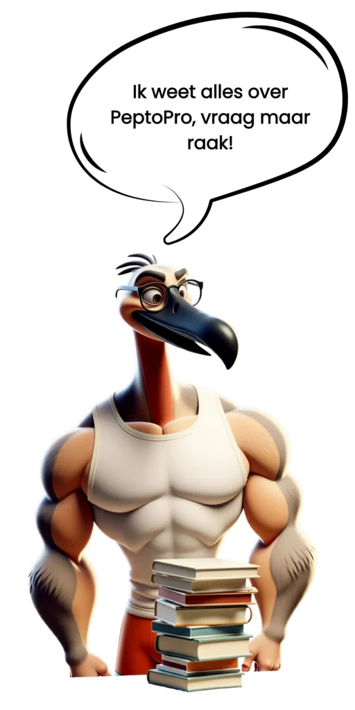 Rogier staat voor een stapel boeken over PeptoPro met een tekstwolk waarin hij zegt: "Ik weet alles over PeptoPro, vraag maar raak!"