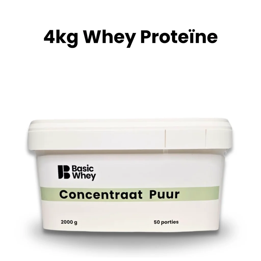 Pot 4kg whey proteïne van basic whey met de tekst erboven '4kg whey proteïne'