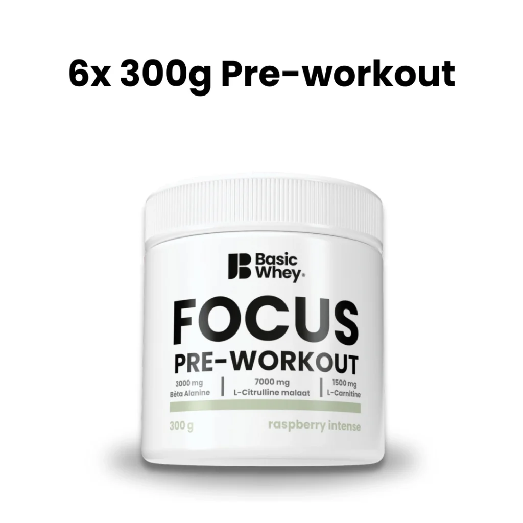 Potje van 300g pre-workout van basic whey. Met de tekst erboven '6x 300g pre-workout'